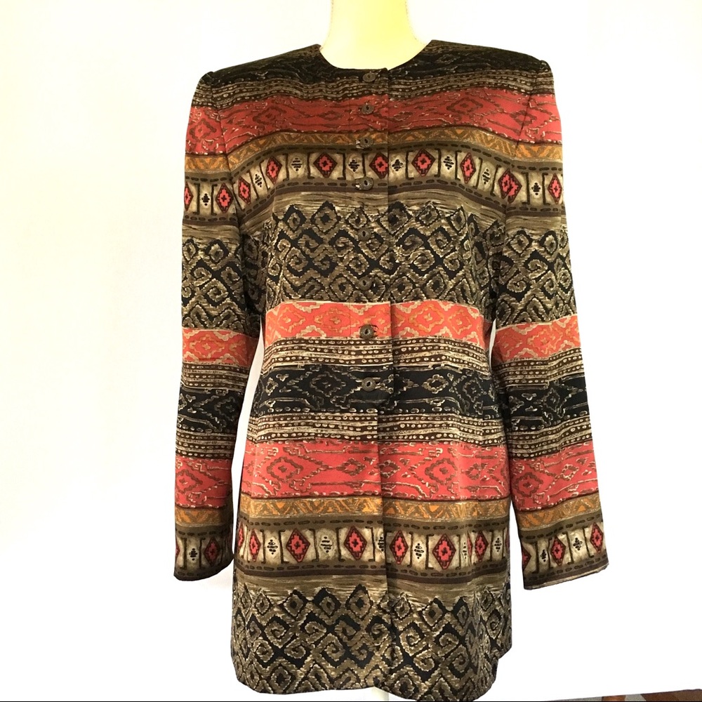 Valerie Stevens Pure Silk Long Blazer Aztec Print